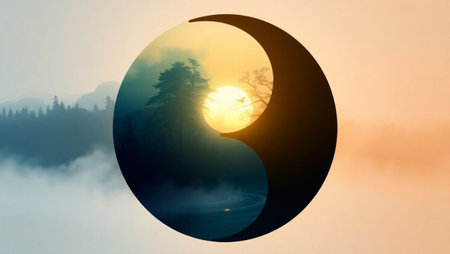 Silhouette of yin and yang symbol against misty landscapeの写真素材