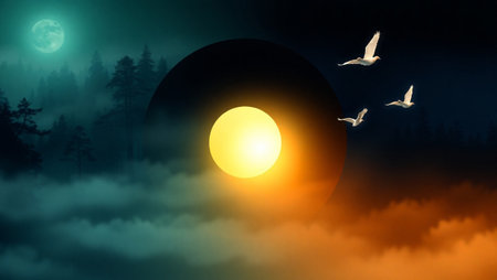 Foggy landscape with sun and flying birds. 3d rendering