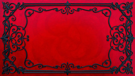 Frame for text on a red background with a pattern of black ornamentsの写真素材