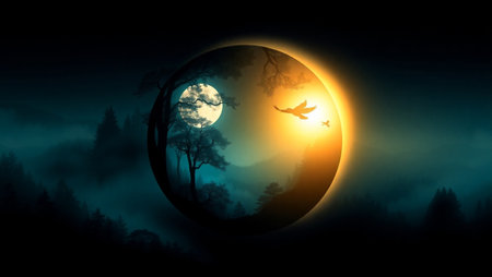 Background with full moon and birds flying in the night sky
