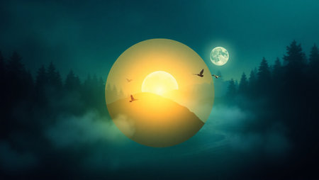 Fantasy landscape with full moon and flying birds. 3D renderingの写真素材