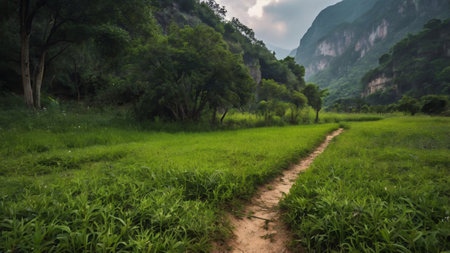 Pathway through the green meadow in the mountains at sunset.の写真素材