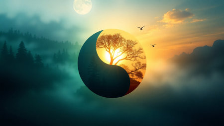 Conceptual image of the moon and tree in the fog.の写真素材