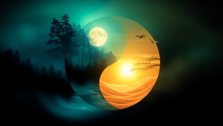 Night landscape with full moon and yin and yang symbol.