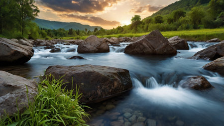 Beautiful landscape of mountain river with rocks and grass at sunset.の写真素材