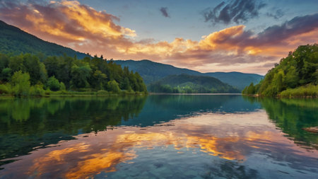 Beautiful sunset on the lake in the Carpathian mountains.の写真素材