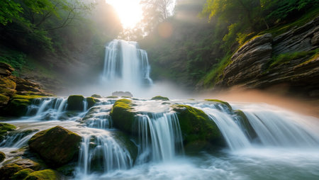 Beautiful waterfall in green forest at sunrise. Long exposure photo.