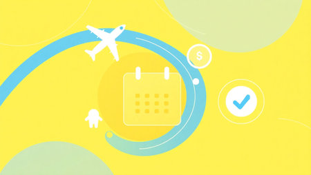 Illustration of travel and tourism with calendar and airplane on yellow background