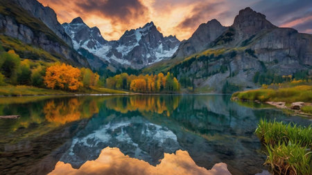 Autumn alpine lake with reflection of the mountains in the water