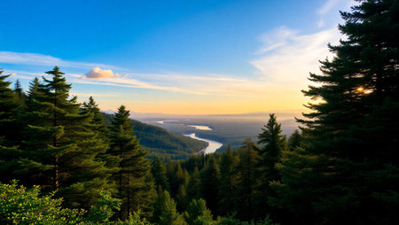 Sunset in the mountains with a view of the lake and forestの写真素材
