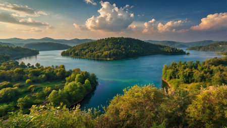 Beautiful panoramic view of the lake and mountains in Ukraineの写真素材