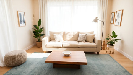Modern living room interior with sofa, coffee table and plants. Nobody insideの写真素材
