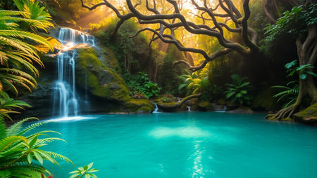 Beautiful waterfall in the forest at sunset, Doi Inthanon National Park, Thailandの写真素材