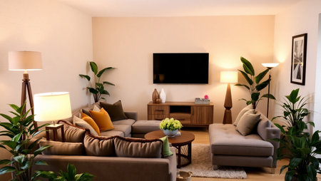 Interior of modern living room with comfortable sofa, tv and plantsの写真素材
