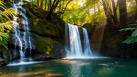 Beautiful waterfall in the forest at summer time. Nature background.の写真素材