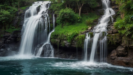 Panoramic view of the beautiful waterfall in the tropical forest.の写真素材