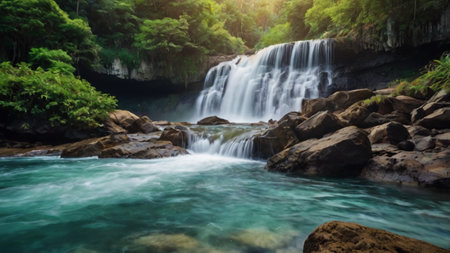 Beautiful waterfall in deep forest at Erawan waterfall National Park, Kanchanaburi, Thailandの写真素材