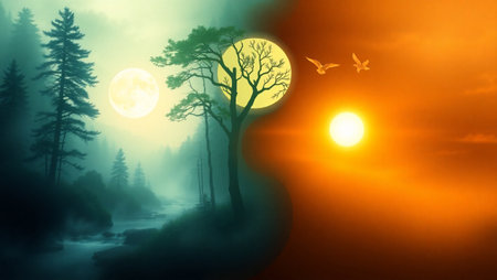 Fantasy landscape with tree and moon in the fog. 3d illustrationの写真素材