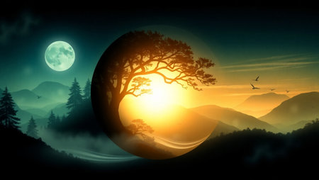 Fantasy landscape with tree in the moonlight. Vector illustration.の写真素材