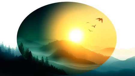 Sunset in the mountains with birds flying in the sky. Vector illustration.の写真素材