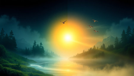 Foggy sunrise over the mountain lake.の写真素材