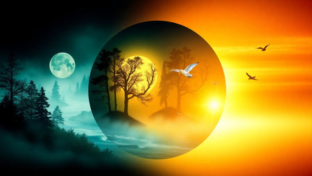 Fantasy landscape with birds flying over the forest at full moon nightの写真素材