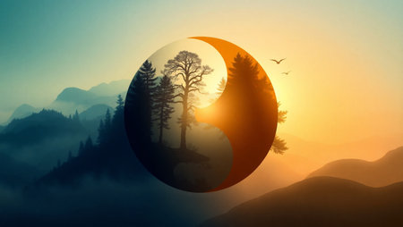 Yin and Yang symbol against misty landscape with pine trees and mountainsの写真素材