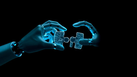 3d rendering robot hand connecting puzzle piece on black background with light