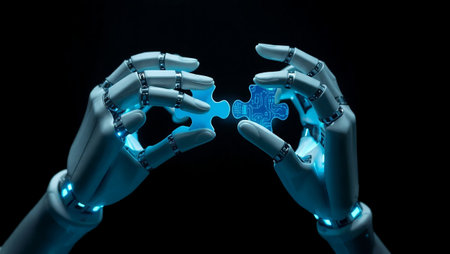 3d rendering robotic hand with puzzle piece on dark background, artificial intelligence conceptの写真素材