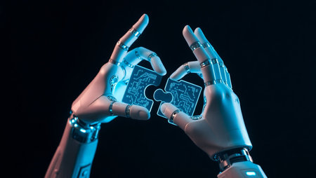 3d rendering robot hand with jigsaw puzzle piece on black backgroundの写真素材