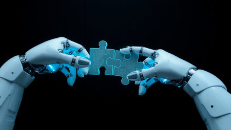 3d rendering robot hand holding jigsaw puzzle piece on black backgroundの写真素材