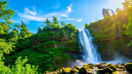 Waterfall in the green forest. Beautiful summer landscape with waterfall.の写真素材