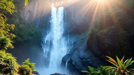 Waterfall in the rainforest with sunlight and lens flare effect.の写真素材