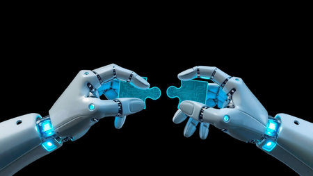 3d rendering robot hand holding jigsaw puzzle piece on black backgroundの写真素材