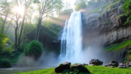 beautiful waterfall in the forest at sunrise in the morning,Thailandの写真素材