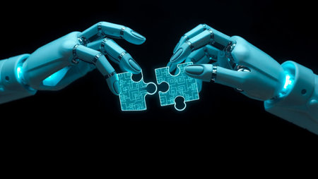 3d rendering robotic hand connecting jigsaw puzzle piece on black backgroundの写真素材