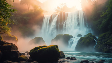 Beautiful waterfall in the forest at sunset. Nature landscape background.