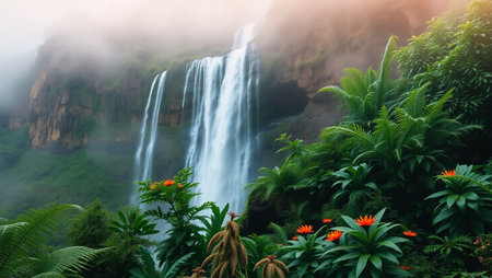 Tropical rainforest waterfall in the morning, Bali, Indonesiaの写真素材