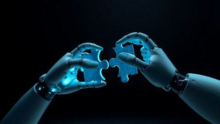 3d rendering robot hand holding puzzle piece in front of black backgroundの写真素材
