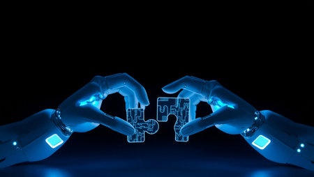 3d rendering robotic hands creating puzzle piece on black background with blue lightの写真素材
