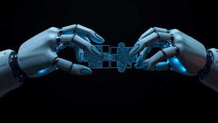 3d rendering robot hand holding jigsaw puzzle piece in front of human handの写真素材