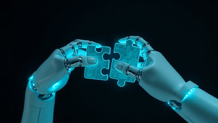 3d rendering robot hand with jigsaw puzzle piece on dark backgroundの写真素材