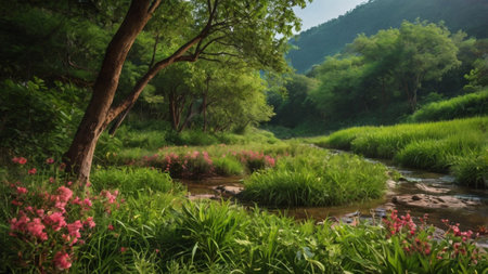 Beautiful summer landscape with river and green trees in the forest.の写真素材
