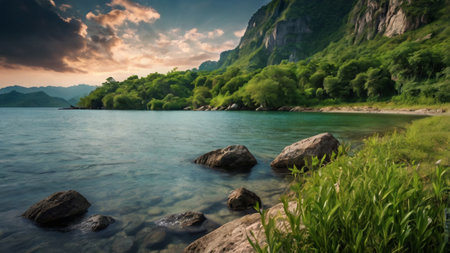 Panoramic view of the mountain lake. Beautiful summer landscape.の写真素材