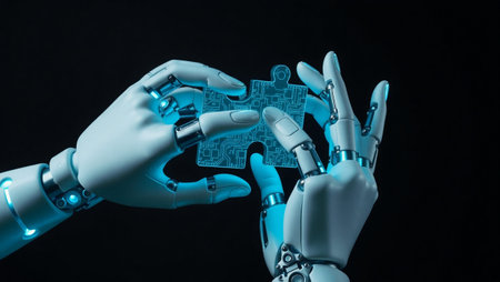 3d rendering robotic hand with puzzle piece on black background, artificial intelligence conceptの写真素材