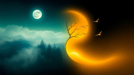 Background with full moon and birds flying in the night skyの写真素材