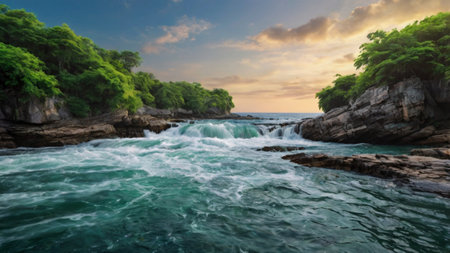 Beautiful seascape with waterfalls and tropical forest at sunset