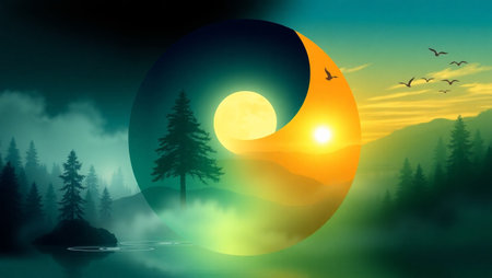 Fantasy landscape with a full moon and a crescent moon.の写真素材