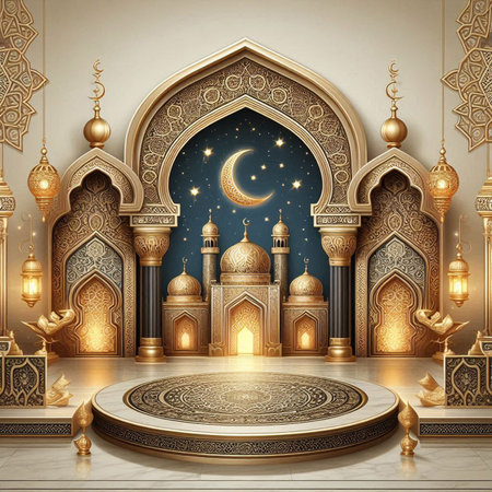 3D illustration of Ramadan Kareem background with mosque and golden carpetの写真素材