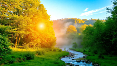Autumn landscape with forest and river at sunset. Colorful autumn background